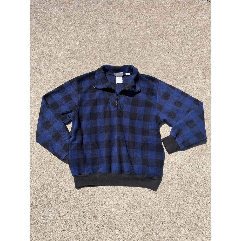 Vtg Outersport Sweater Unisex Sz Large Blue Black Check Plaid Sherpa‎ 1/4 Zip